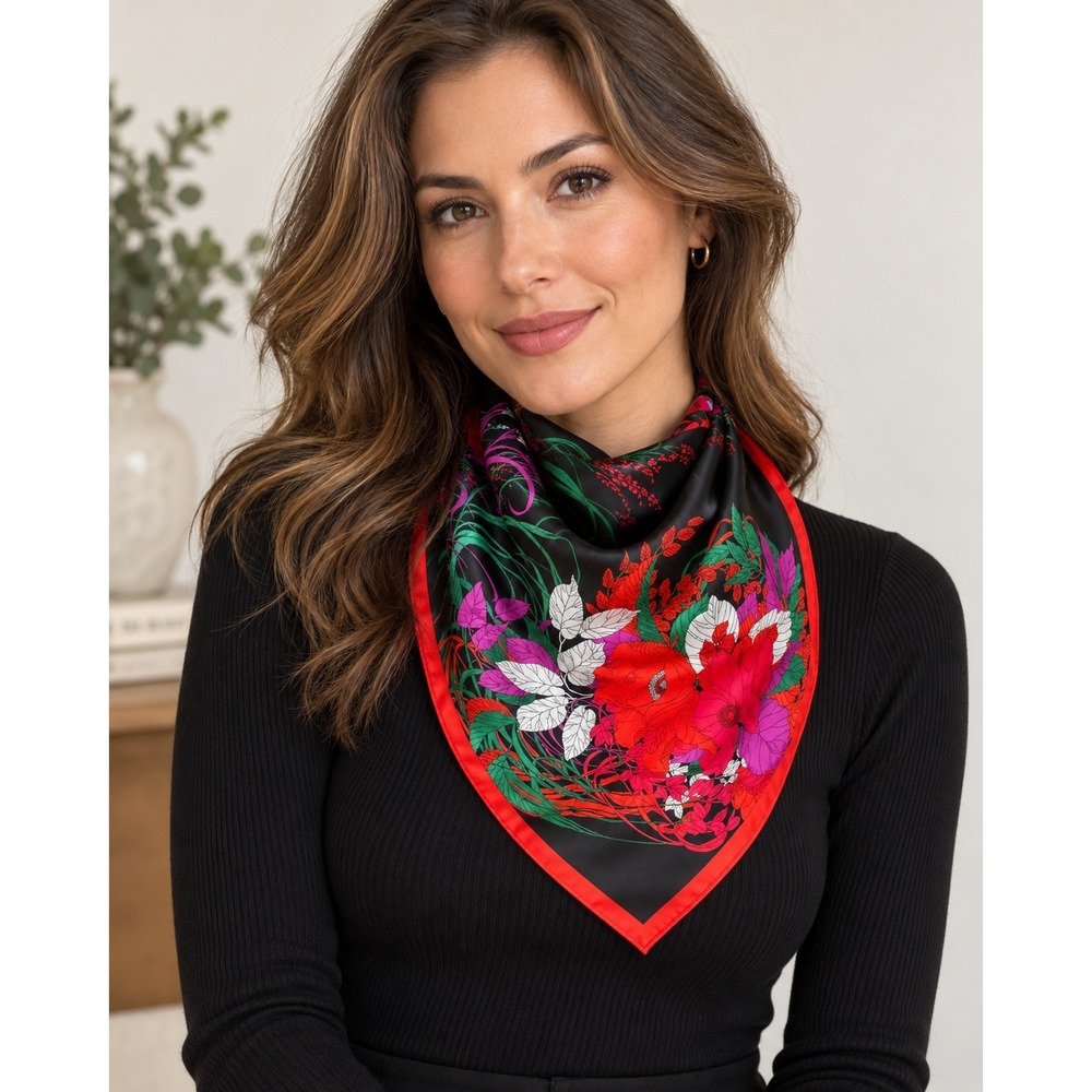 Vintage Scarf Black Red Floral Large Square Silk Feel Wrap 33.5x34